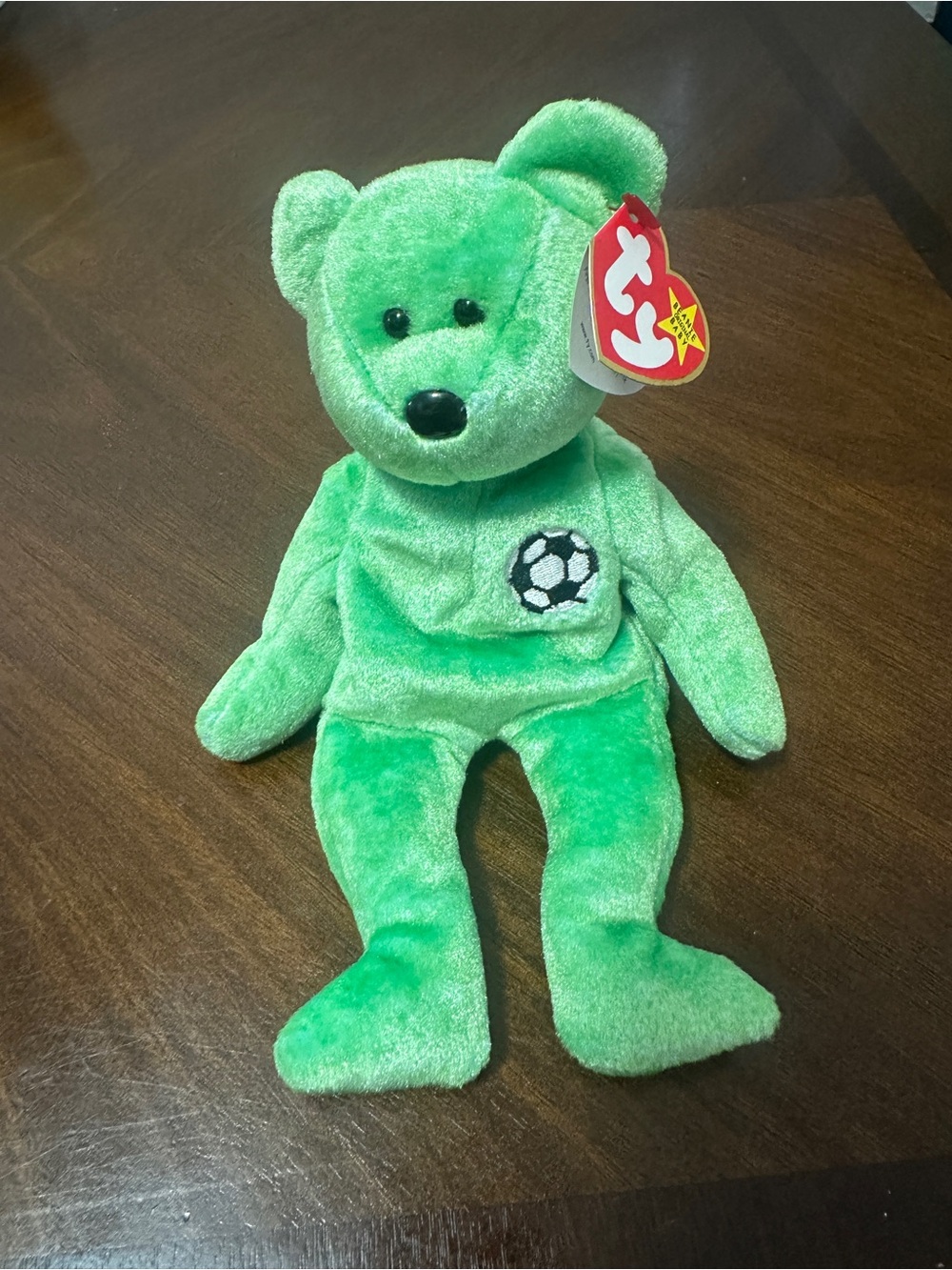 Vintage Ty Beanie Baby Kicks Green Teddy Bear Plush with Soccer Ball Patch